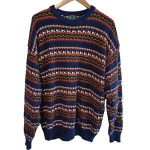 Vintage Izod Sweater Men XL Blue 90s Geometric Abstract Cosby Knit Retro Grandpa